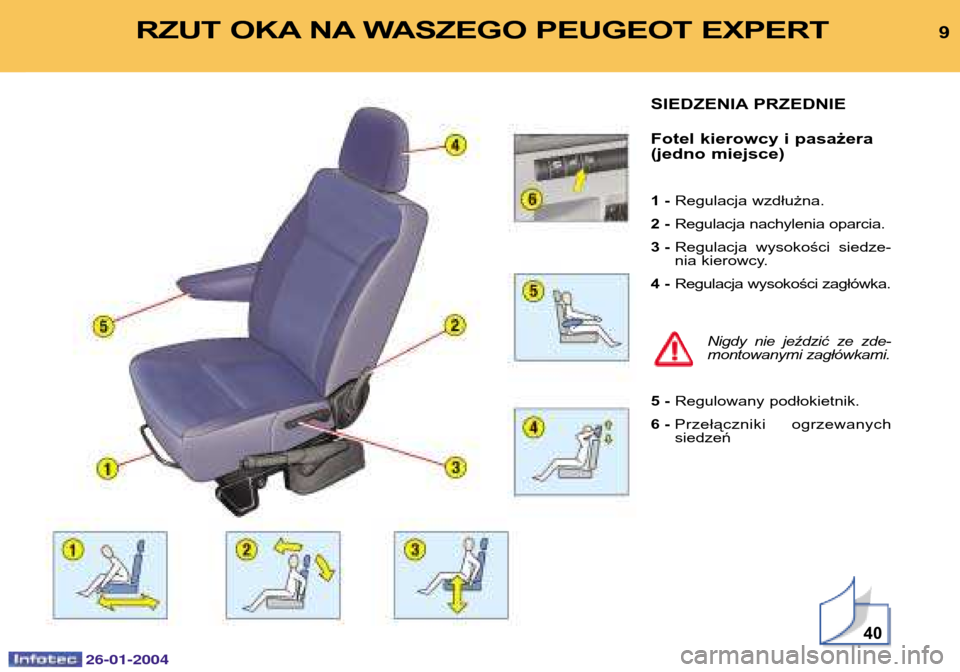 Peugeot Expert 2003.5  Instrukcja Obsługi (in Polish) 26-01-2004
9RZUT OKA NA WASZEGO PEUGEOT EXPERT 
SIEDZENIA PRZEDNIE Fotel kierowcy i pasażera (jedno miejsce) 1-Regulacja wzdłużna.
2 - Regulacja nachylenia oparcia.
3 - Regulacja wysokości siedze-