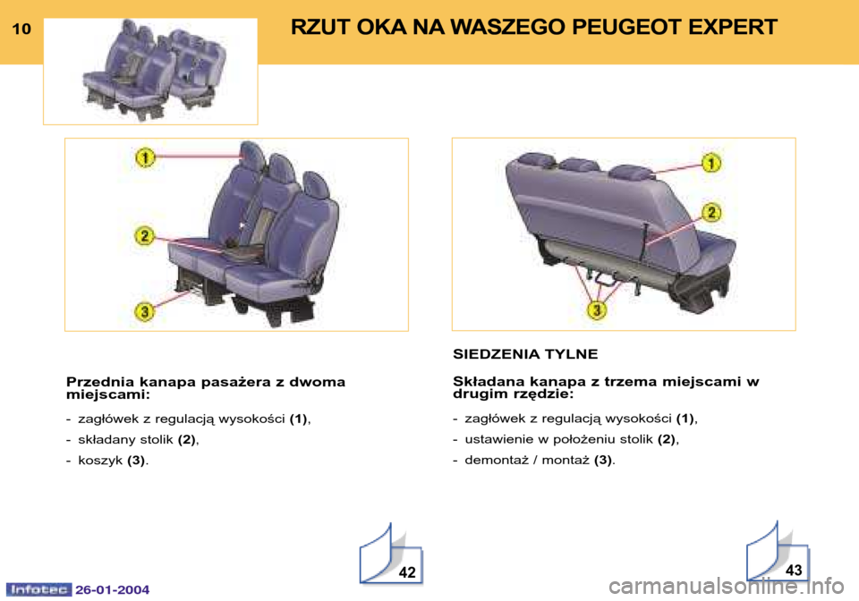 Peugeot Expert 2003.5  Instrukcja Obsługi (in Polish) 26-01-2004
10RZUT OKA NA WASZEGO PEUGEOT EXPERT 
Przednia kanapa pasażera z dwoma miejscami: 
-  zagłówek z regulacją wysokości (1),
- składany stolik  (2),
- koszyk  (3).
42
SIEDZENIA TYLNE Sk�