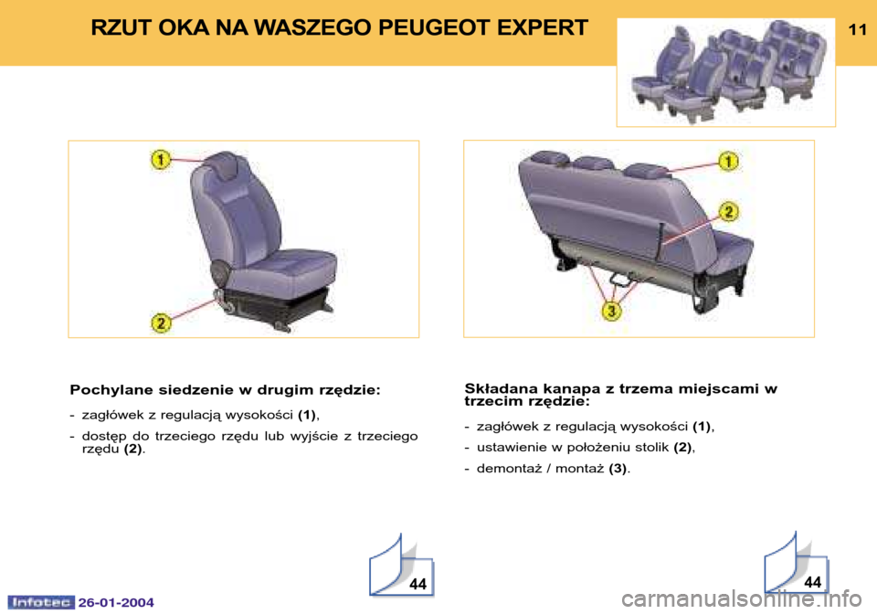 Peugeot Expert 2003.5  Instrukcja Obsługi (in Polish) 26-01-2004
11RZUT OKA NA WASZEGO PEUGEOT EXPERT 
Pochylane siedzenie w drugim rzędzie: 
-  zagłówek z regulacją wysokości (1),
-  dostęp do trzeciego rzędu lub wyjście z trzeciego rzędu  (2).