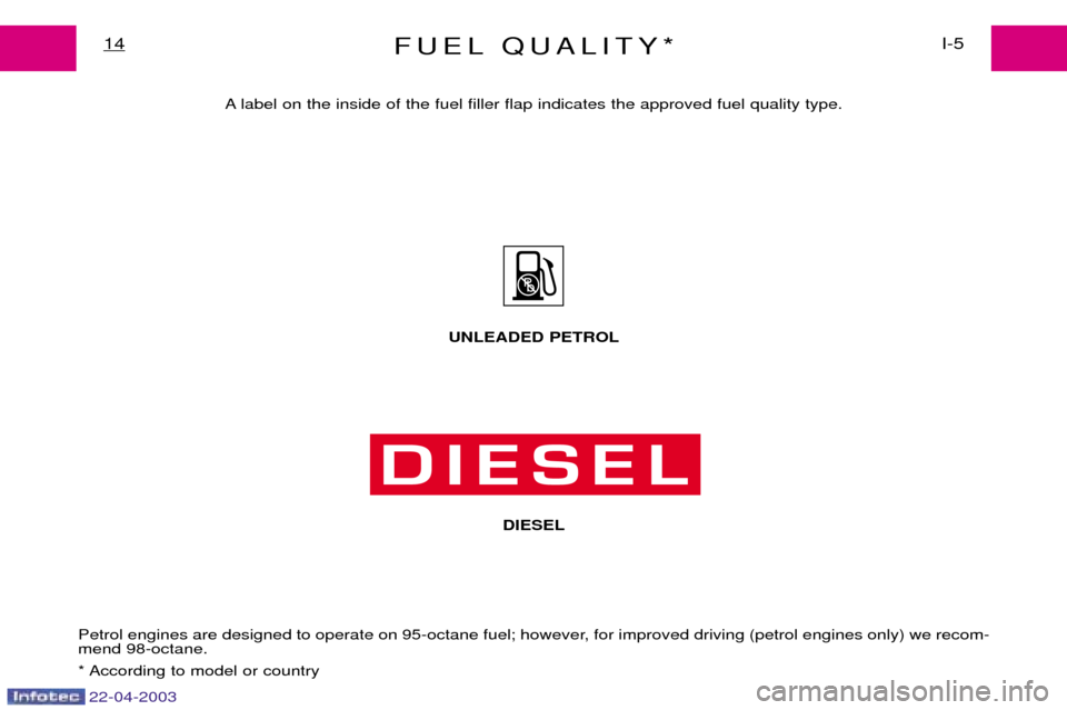Peugeot Expert 2003 User Guide 22-04-2003
FUEL QUALITY*I-5
14
A label on the inside of the fuel filler flap indicates the approved fuel quality type.
Petrol engines are designed to operate on 95-octane fuel; however, for improved d