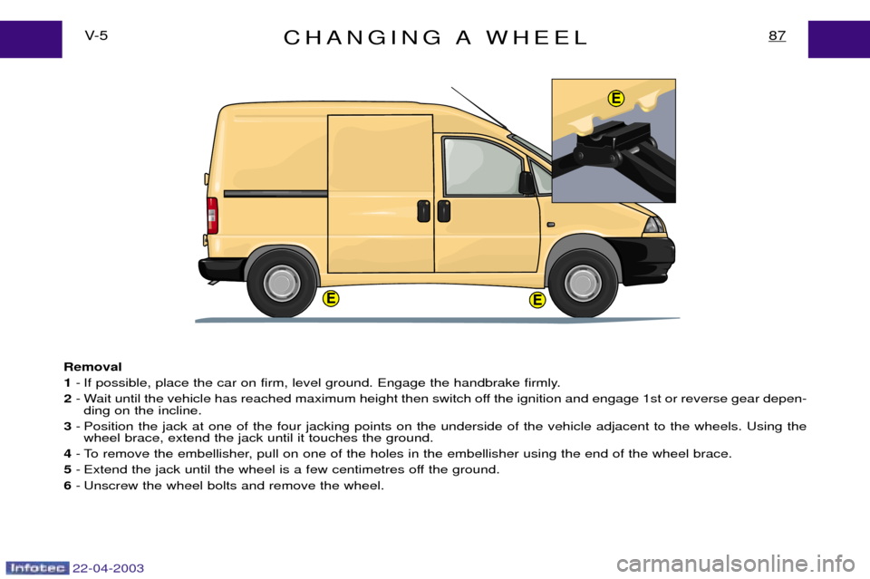 Peugeot Expert 2003  Owners Manual 22-04-2003
CHANGING A WHEEL87V- 5
Removal 1 - If possible, place the car on firm, level ground. Engage the handbrake firmly.
2 - Wait until the vehicle has reached maximum height then switch off the i