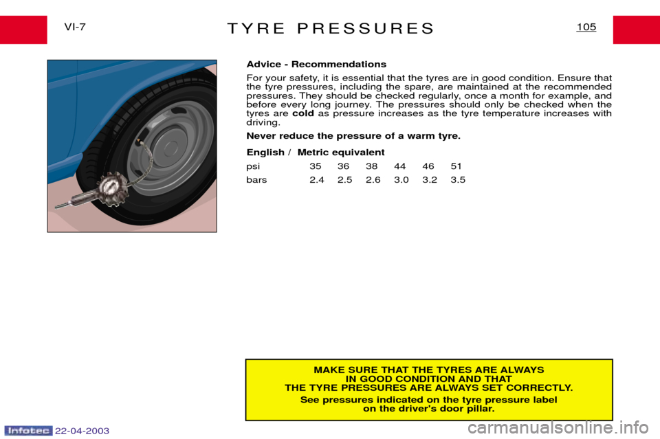 Peugeot Expert 2003 Owners Manual TYRE PRESSURES105VI-7
MAKE SURE THAT THE TYRES ARE ALWAYSIN GOOD CONDITION AND THAT
THE TYRE PRESSURES ARE ALWAYS SET CORRECTLY.
See pressures indicated on the tyre pressure label on the drivers door Peugeot Expert 2003 Owners Manual TYRE PRESSURES105VI-7
MAKE SURE THAT THE TYRES ARE ALWAYSIN GOOD CONDITION AND THAT
THE TYRE PRESSURES ARE ALWAYS SET CORRECTLY.
See pressures indicated on the tyre pressure label on the drivers door