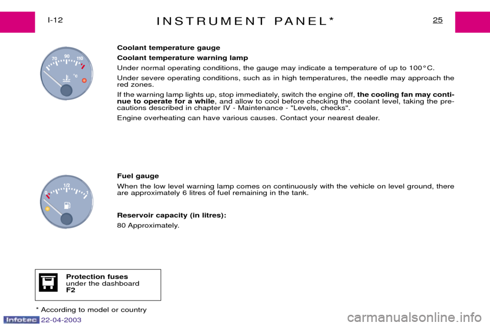 Peugeot Expert 2003  Owners Manual 22-04-2003
INSTRUMENT PANEL*25I-12Coolant temperature gauge Coolant temperature warning lampUnder normal operating conditions, the gauge may indicate a temperature of up to 100¡C.Under severe operati