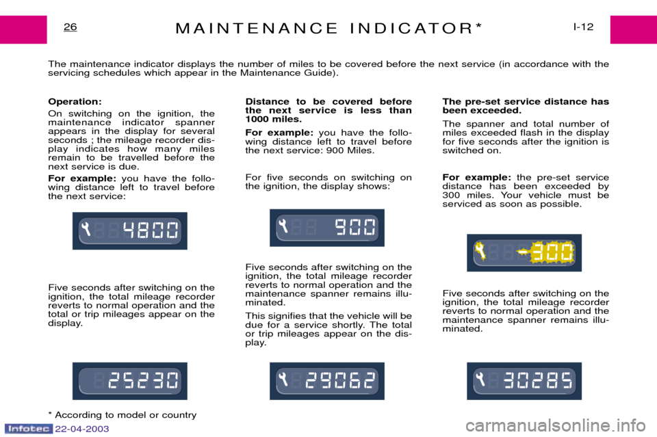 Peugeot Expert 2003 Owners Guide 22-04-2003
MAINTENANCE INDICATOR*I-12
26
The maintenance indicator displays the number of miles to be covered before the next service (in accordance with the servicing schedules which appear in the Ma