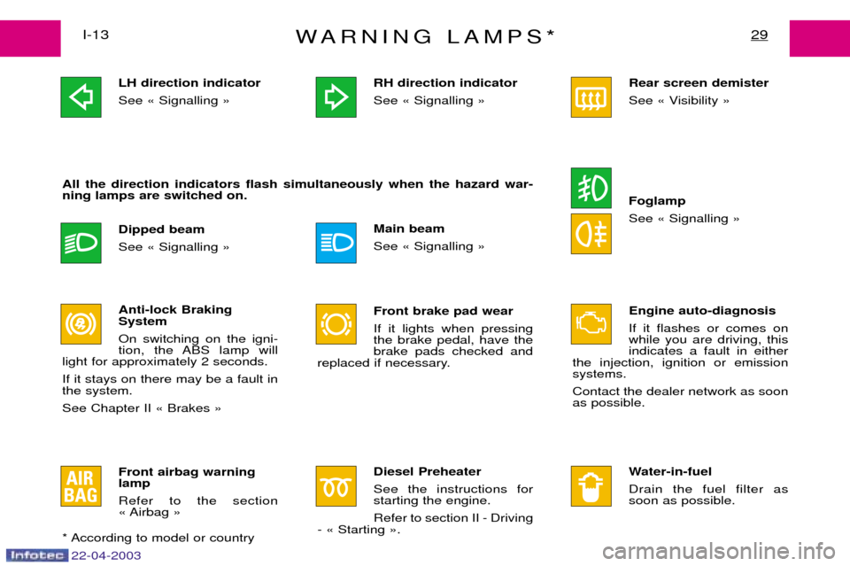Peugeot Expert 2003 Owners Guide 22-04-2003
WARNING LAMPS*29I-13LH direction indicator See Ç Signalling È Dipped beam See Ç Signalling È
All the direction indicators flash simultaneously when the hazard war- ning lamps are switch