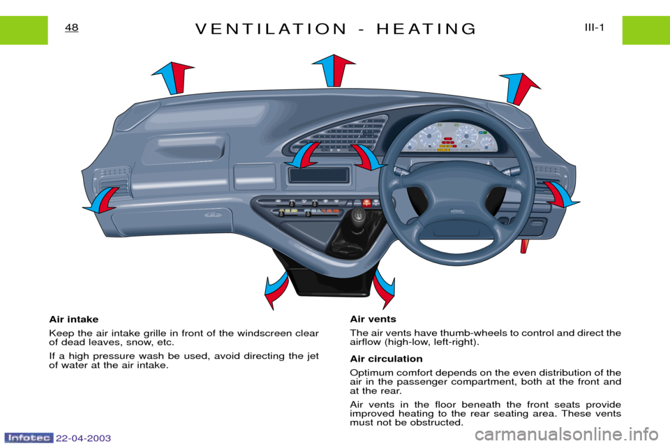 Peugeot Expert 2003 Repair Manual 22-04-2003
VENTILATION - HEATINGIII-1
48
Air intake Keep the air intake grille in front of the windscreen clear
of dead leaves, snow, etc. If a high pressure wash be used, avoid directing the jet of Peugeot Expert 2003 Repair Manual 22-04-2003
VENTILATION - HEATINGIII-1
48
Air intake Keep the air intake grille in front of the windscreen clear
of dead leaves, snow, etc. If a high pressure wash be used, avoid directing the jet of
