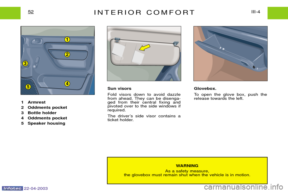Peugeot Expert 2003 Repair Manual INTERIOR COMFORTIII-4
52
WARNING
As a safety measure,
the glovebox must remain shut when the vehicle is in motion.
1 Armrest
2 Oddments pocket
3 Bottle holder
4 Oddments pocket
5 Speaker housing
22-0 Peugeot Expert 2003 Repair Manual INTERIOR COMFORTIII-4
52
WARNING
As a safety measure,
the glovebox must remain shut when the vehicle is in motion.
1 Armrest
2 Oddments pocket
3 Bottle holder
4 Oddments pocket
5 Speaker housing
22-0