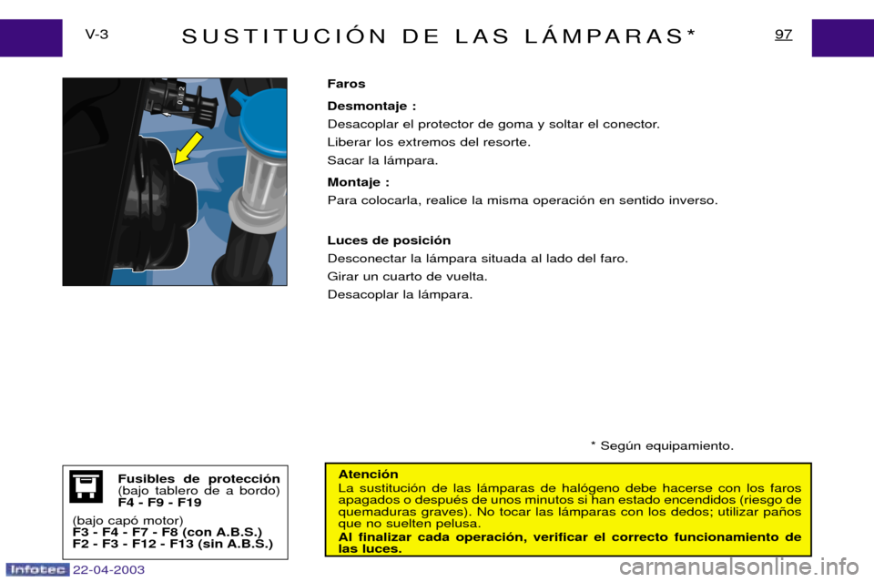Peugeot Expert 2003  Manual del propietario (in Spanish) 22-04-2003
SUSTITUCIîN DE LAS LçMPARAS*97V- 3Atenci—n 
La sustituci—n de las l‡mparas de hal—geno debe hacerse con los faros apagados o despuŽs de unos minutos si han estado encendidos (rie
