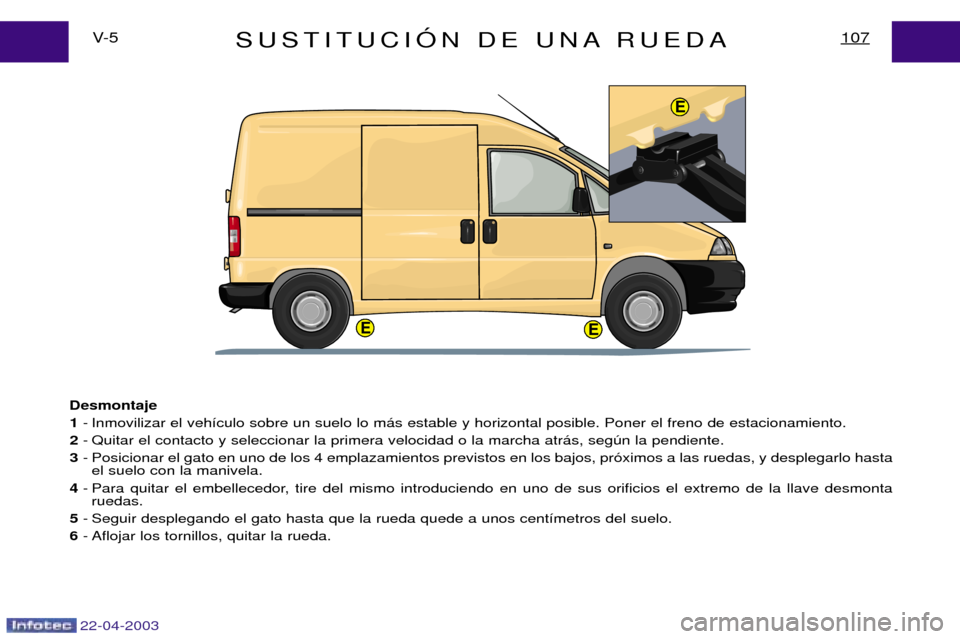 Peugeot Expert 2003  Manual del propietario (in Spanish) 22-04-2003
EE
E
SUSTITUCIîN DE UNA RUEDA107V- 5
Desmontaje  1 - Inmovilizar el veh ’culo sobre un suelo lo m ‡s estable y horizontal posible. Poner el freno de estacionamiento.
2 - Quitar el cont