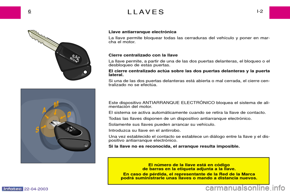 Peugeot Expert 2003  Manual del propietario (in Spanish) 22-04-2003
LLAVESI-2
6
El nœmero de la llave est‡ en c—digo
de barras en la etiqueta adjunta a la llave.
En caso de pŽrdida, el representante de la Red de la Marca
podr‡ suministrarle unas lla