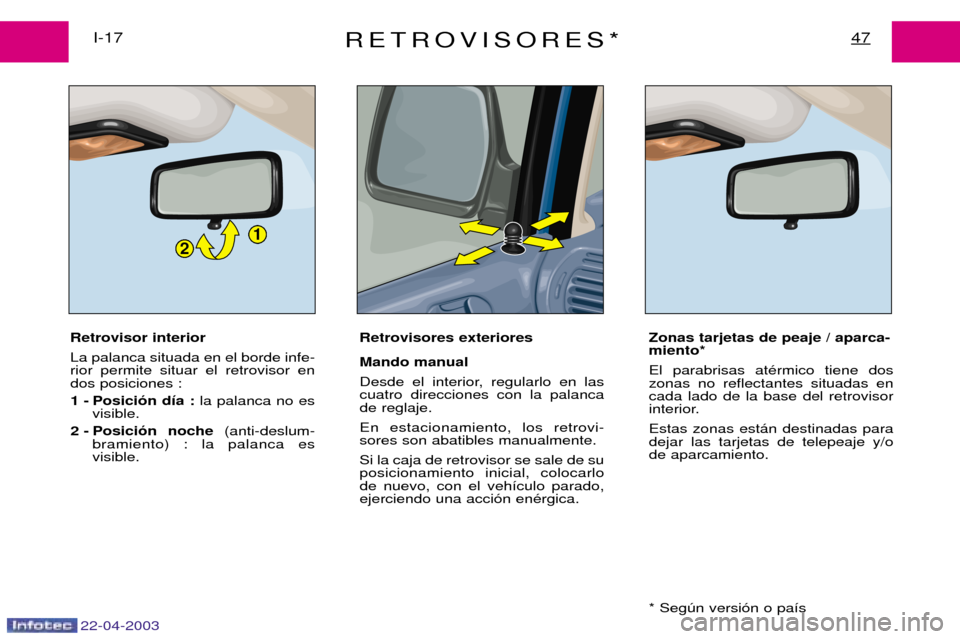 Peugeot Expert 2003  Manual del propietario (in Spanish) 22-04-2003
21
RETROVISORES*47I-17
Retrovisor interior  La palanca situada en el borde infe- rior permite situar el retrovisor endos posiciones : 1 - Posici—n d’a : la palanca no es
visible.
2 - Po