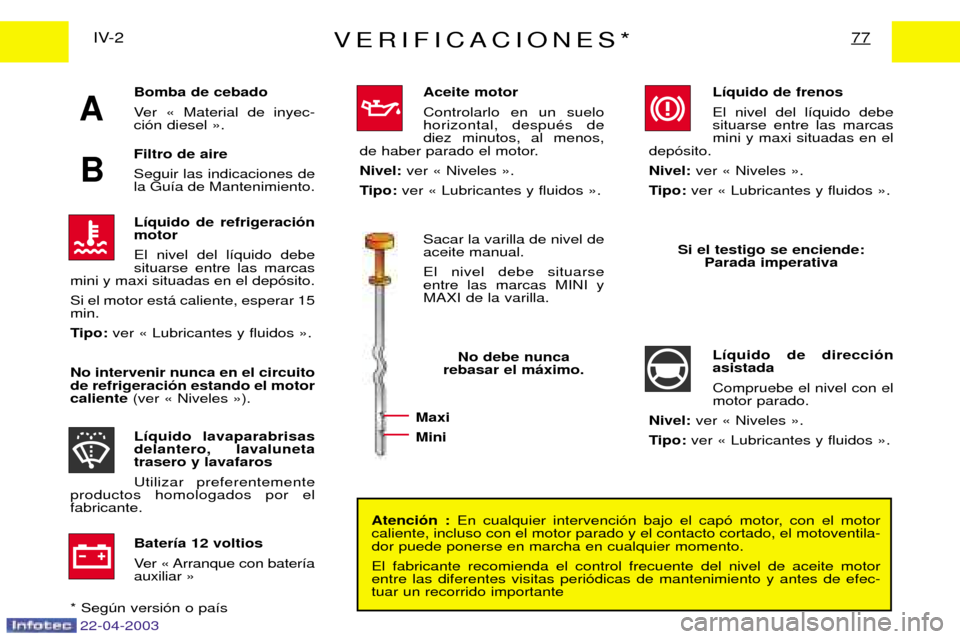 Peugeot Expert 2003  Manual del propietario (in Spanish) Bomba de cebado 
Ver Ç Material de inyec- ci—n diesel È.  Filtro de aire  Seguir las indicaciones de la Gu’a de Mantenimiento. 
22-04-2003
A
B
VERIFICACIONES*77IV-2Atenci—n : En cualquier inte