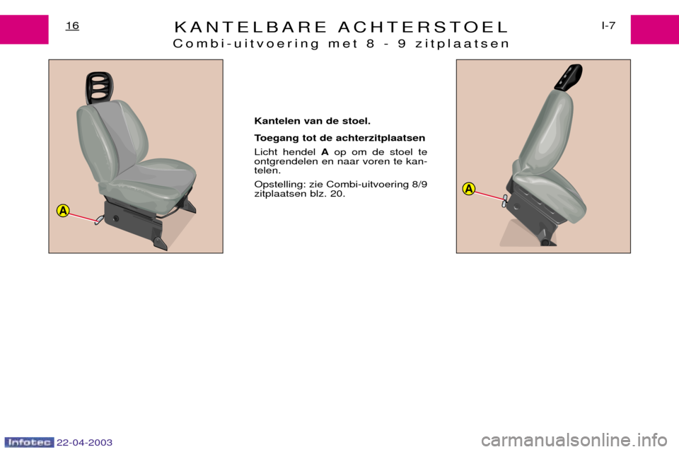 Peugeot Expert 2003  Handleiding (in Dutch) 22-04-2003
A
A
KANTELBARE ACHTERSTOEL
Combi-uitvoering met 8 - 9 zitplaatsen16I-7
Kantelen van de stoel. 
Toegang tot de achterzitplaatsen Licht hendel  Aop om de stoel te
ontgrendelen en naar voren t