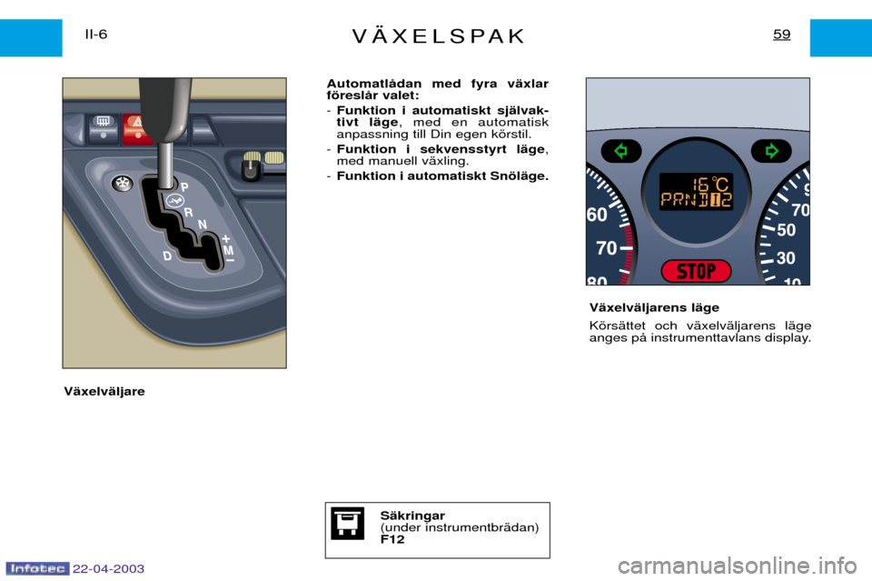 Peugeot Expert 2003 Ägarmanual (in Swedish) 22-04-2003
V€XELSPAK59II-6AutomatlŒdan med fyra vŠxlar fšreslŒr valet: -Funktion i automatiskt sjŠlvak- tivt lŠge , med en automatisk
anpassning till Din egen kšrstil.
- Funktion i sekvenssty Peugeot Expert 2003 Ägarmanual (in Swedish) 22-04-2003
V€XELSPAK59II-6AutomatlŒdan med fyra vŠxlar fšreslŒr valet: -Funktion i automatiskt sjŠlvak- tivt lŠge , med en automatisk
anpassning till Din egen kšrstil.
- Funktion i sekvenssty