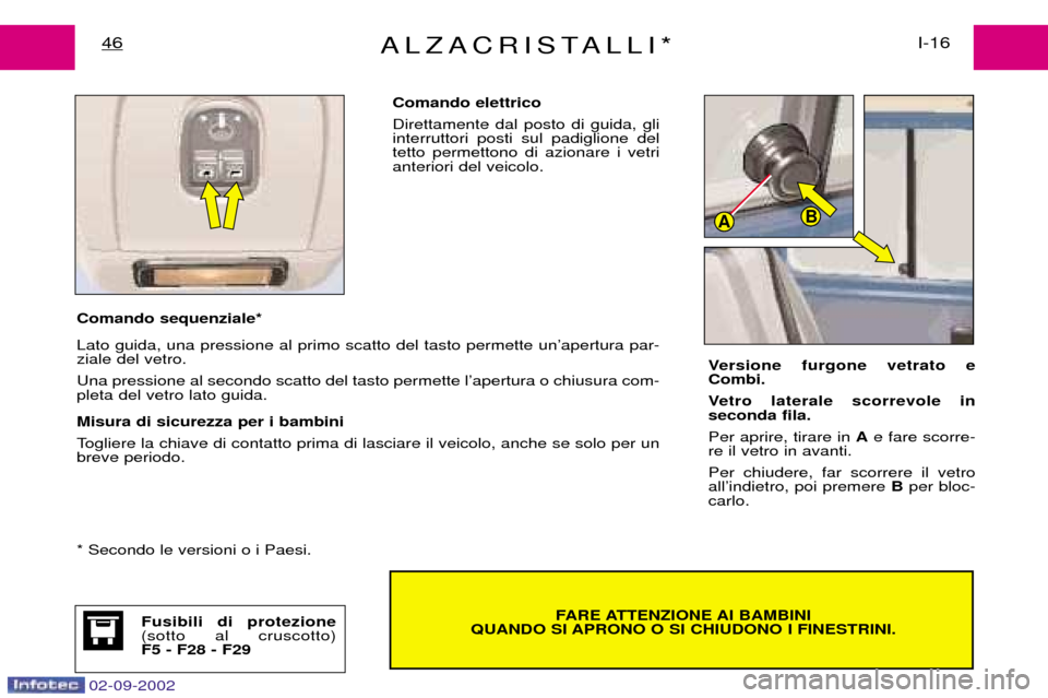 Peugeot Expert 2002.5  Manuale del proprietario (in Italian) Fusibili di protezione (sotto al cruscotto)F5 - F28 - F29
02-09-2002
AB
ALZACRISTALLI*I-16
46
FARE ATTENZIONE AI BAMBINI
QUANDO SI APRONO O SI CHIUDONO I FINESTRINI.
Comando sequenziale* Lato guida, u