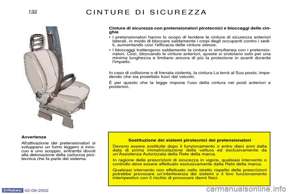 Peugeot Expert 2002.5  Manuale del proprietario (in Italian) 02-09-2002
CINTURE DI SICUREZZA132
Sostituzione dei sistemi pirotecnici dei pretensionatori
Devono essere sostituite dopo il funzionamento o entro dieci anni dalla data di prima immatricolazione della