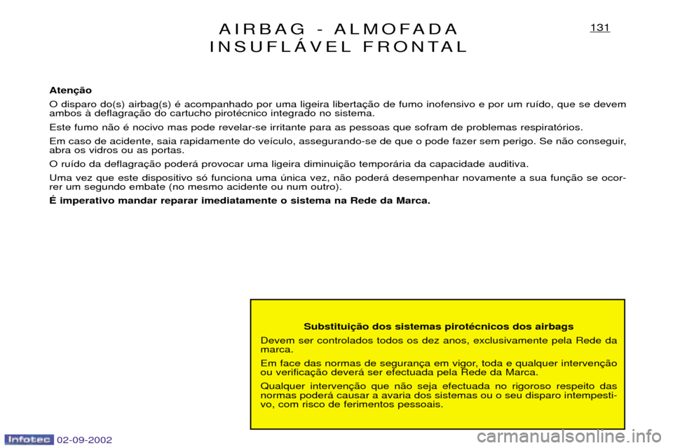 Peugeot Expert 2002.5  Manual do proprietário (in Portuguese) 02-09-2002
AIRBAG - ALMOFADA
INSUFLçVEL FRONTAL131
Substitui
Devem ser controlados todos os dez anos, exclusivamente pela Rede da marca. 
Em face das normas de seguran ou verifica Qualquer interven n
