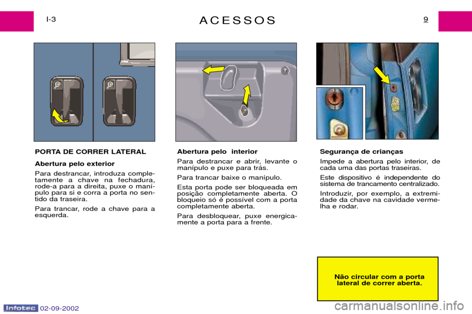 Peugeot Expert 2002.5  Manual do proprietário (in Portuguese) 02-09-2002
ACESSOS9I-3N‹o circular com a portalateral de correr aberta.
PORTA DE CORRER LATERAL Abertura pelo exterior 
Para destrancar, introduza comple- tamente a chave na fechadura,rode-a para a 
