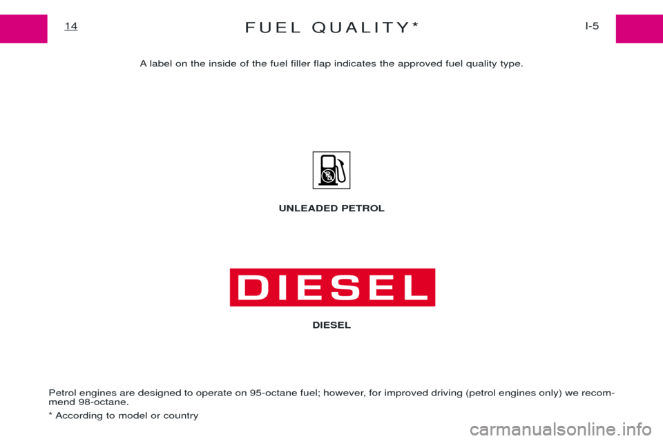 Peugeot Expert 2001.5 User Guide FUEL QUALITY*I-5
14
A label on the inside of the fuel filler flap indicates the approved fuel quality type.
Petrol engines are designed to operate on 95-octane fuel; however, for improved driving (pet