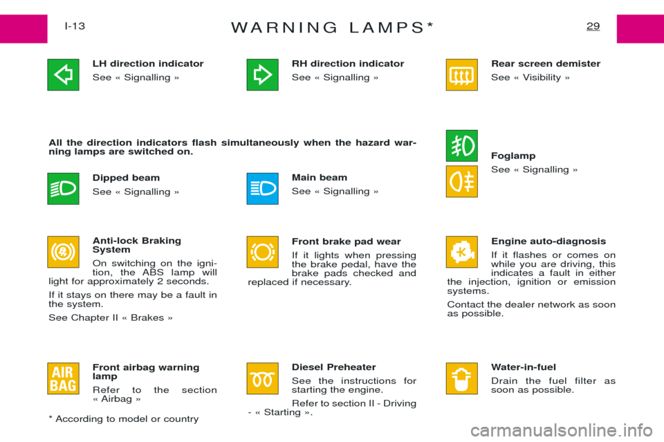 Peugeot Expert 2001.5  Owners Manual WARNING LAMPS*29I-13LH direction indicator See Ç Signalling È Dipped beam See Ç Signalling È
All the direction indicators flash simultaneously when the hazard war- ning lamps are switched on.
Anti