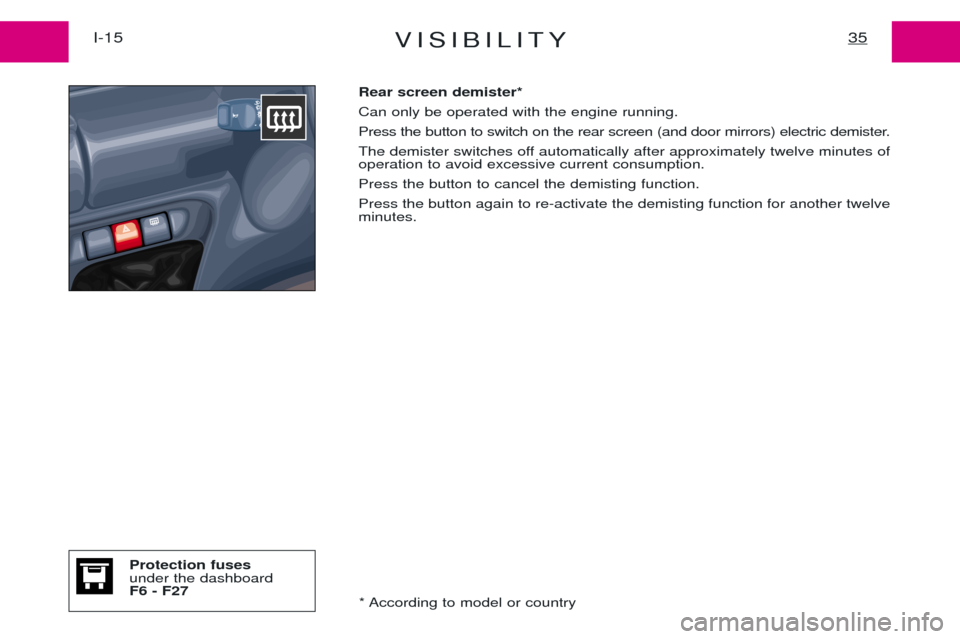 Peugeot Expert 2001.5 Owners Guide VISIBILITY35I-15Rear screen demister* Can only be operated with the engine running.
Press the button to switch on the rear screen (and door mirrors) electric demister.
The demister switches off automa