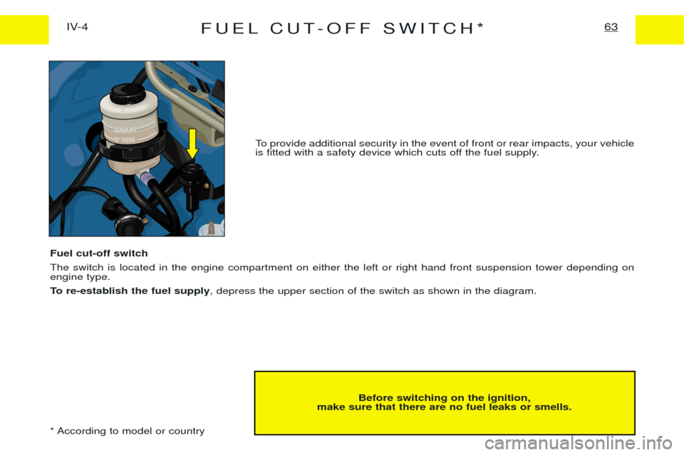 Peugeot Expert 2001.5 Service Manual FUEL CUT-OFF SWITCH*63IV-4
Before switching on the ignition,
make sure that there are no fuel leaks or smells.
To provide additional security in the event of front or rear impacts, your vehicle 
is fi