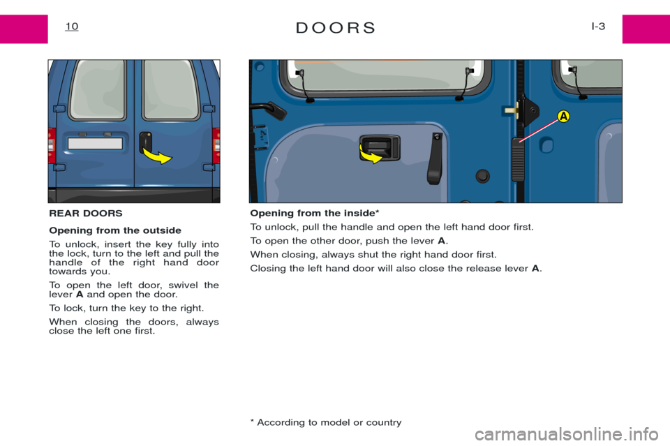 Peugeot Expert 2001.5  Owners Manual DOORSI-3
10
REAR DOORS Opening from the outside  
To unlock, insert the key fully into the lock, turn to the left and pull thehandle of the right hand doortowards you. 
To open the left door, swivel t
