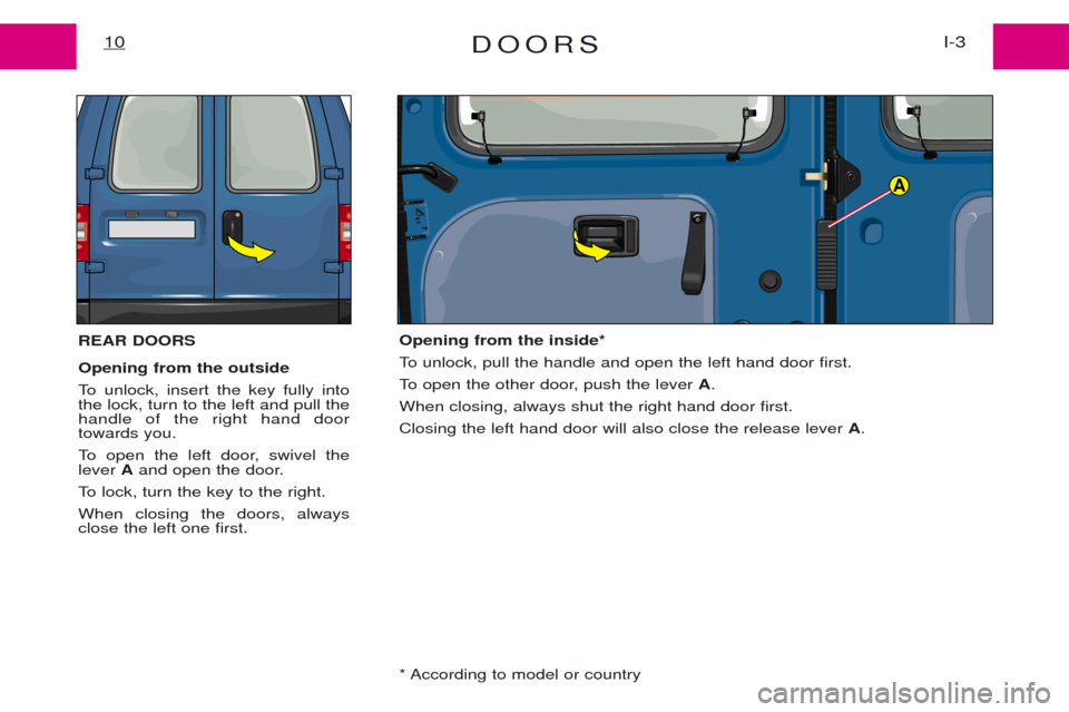 Peugeot Expert 2001.5 Owners Manual DOORSI-3
10
REAR DOORS Opening from the outside
To unlock, insert the key fully into the lock, turn to the left and pull thehandle of the right hand doortowards you.
To open the left door, swivel t Peugeot Expert 2001.5 Owners Manual DOORSI-3
10
REAR DOORS Opening from the outside
To unlock, insert the key fully into the lock, turn to the left and pull thehandle of the right hand doortowards you.
To open the left door, swivel t