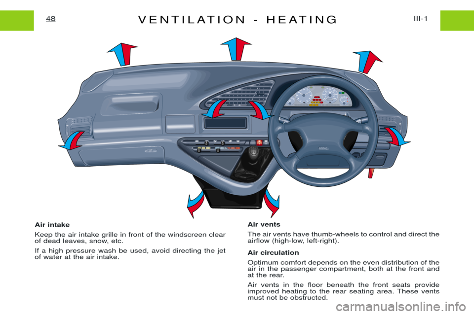 Peugeot Expert 2001.5 Repair Manual VENTILATION - HEATINGIII-1
48
Air intake Keep the air intake grille in front of the windscreen clear 
of dead leaves, snow, etc. If a high pressure wash be used, avoid directing the jet of water at th