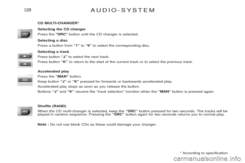 Peugeot Expert 2001.5 Owners Manual AUDIO-SYSTEM128
CD MULTI-CHANGER* Selecting the CD changer Press the "SRC"button until the CD changer is selected.
Selecting a discPress a button from Ò1Óto Ò6Ó to select the corresponding disc.
Peugeot Expert 2001.5 Owners Manual AUDIO-SYSTEM128
CD MULTI-CHANGER* Selecting the CD changer Press the "SRC"button until the CD changer is selected.
Selecting a discPress a button from Ò1Óto Ò6Ó to select the corresponding disc.