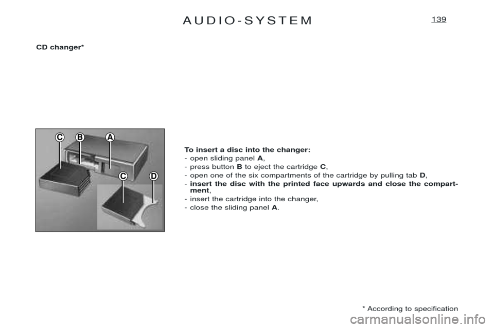 Peugeot Expert 2001.5 Manual Online AUDIO-SYSTEM139
CD
C
CD changer** According to specification
To insert a disc into the changer:
- open sliding panel
A,
- press button Bto eject the cartridge C,
- open one of the six compartments Peugeot Expert 2001.5 Manual Online AUDIO-SYSTEM139
CD
C
CD changer** According to specification
To insert a disc into the changer:
- open sliding panel
A,
- press button Bto eject the cartridge C,
- open one of the six compartments