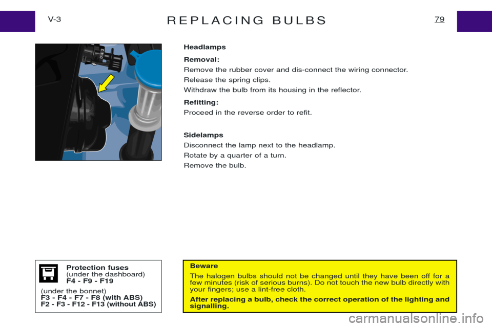 Peugeot Expert 2001.5 Owners Manual REPLACING BULBS79V- 3
Beware 
The halogen bulbs should not be changed until they have been off for a few minutes (risk of serious burns). Do not touch the new bulb directly withyour fingers; use a lin