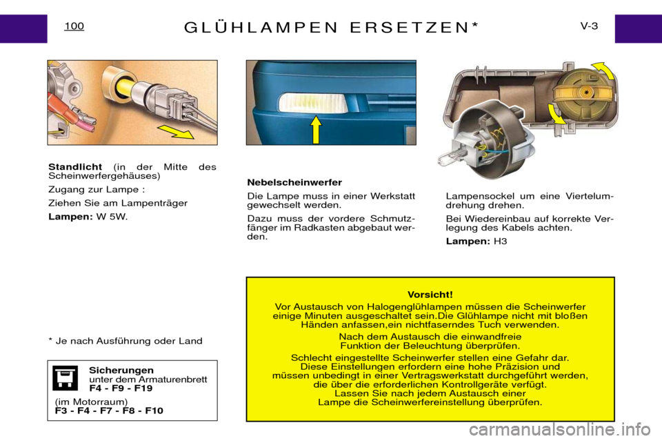 Peugeot Expert 2001.5  Betriebsanleitung (in German) GL†HLAMPEN ERSETZEN*V- 3
100
Vorsicht!
Vor Austausch von HalogenglŸhlampen mŸssen die Scheinwerfer
einige Minuten ausgeschaltet sein.Die GlŸhlampe nicht mit blo§en HŠnden anfassen,ein nichtfase