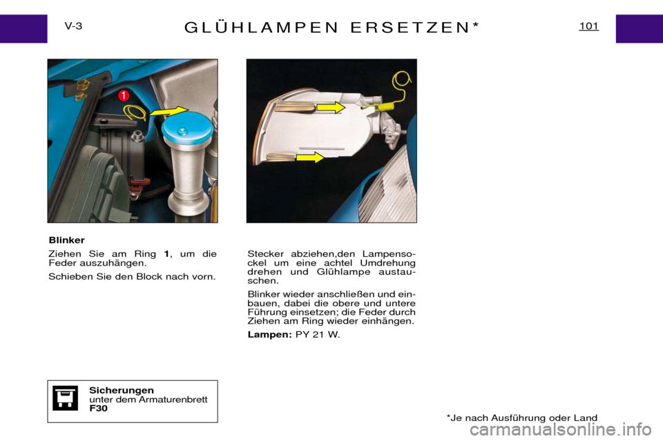 Peugeot Expert 2001.5  Betriebsanleitung (in German) GL†HLAMPEN ERSETZEN*101V- 3
Blinker Ziehen Sie am Ring 1, um die
Feder auszuhŠngen.Schieben Sie den Block nach vorn. Stecker abziehen,den Lampenso- ckel um eine achtel Umdrehungdrehen und GlŸhlamp