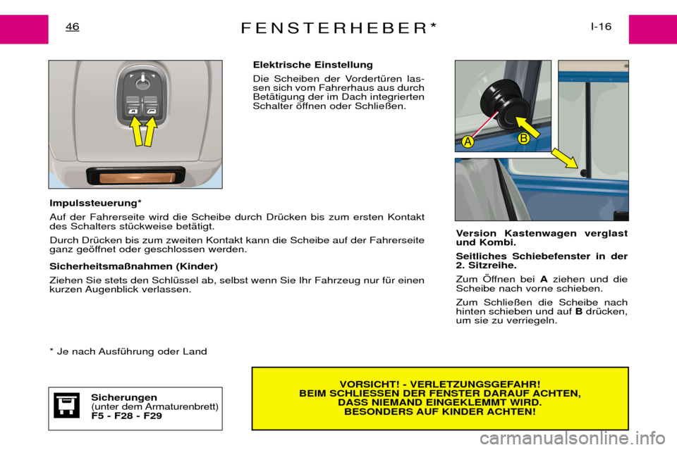 Peugeot Expert 2001.5  Betriebsanleitung (in German) FENSTERHEBER*I-16
46
VORSICHT! - VERLETZUNGSGEFAHR! 
BEIM SCHLIESSEN DER FENSTER DARAUF ACHTEN,  DASS NIEMAND EINGEKLEMMT WIRD. BESONDERS AUF KINDER ACHTEN!
Impulssteuerung*  Auf der Fahrerseite wird 