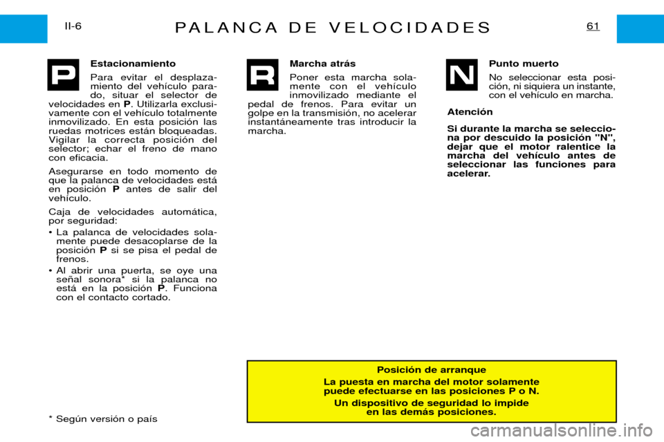 Peugeot Expert 2001.5  Manual del propietario (in Spanish) PALANCA DE VELOCIDADES61II-6
Posici—n de arranque
La puesta en marcha del motor solamente puede efectuarse en las posiciones P o N.
Un dispositivo de seguridad lo impide en las dem‡s posiciones.
E