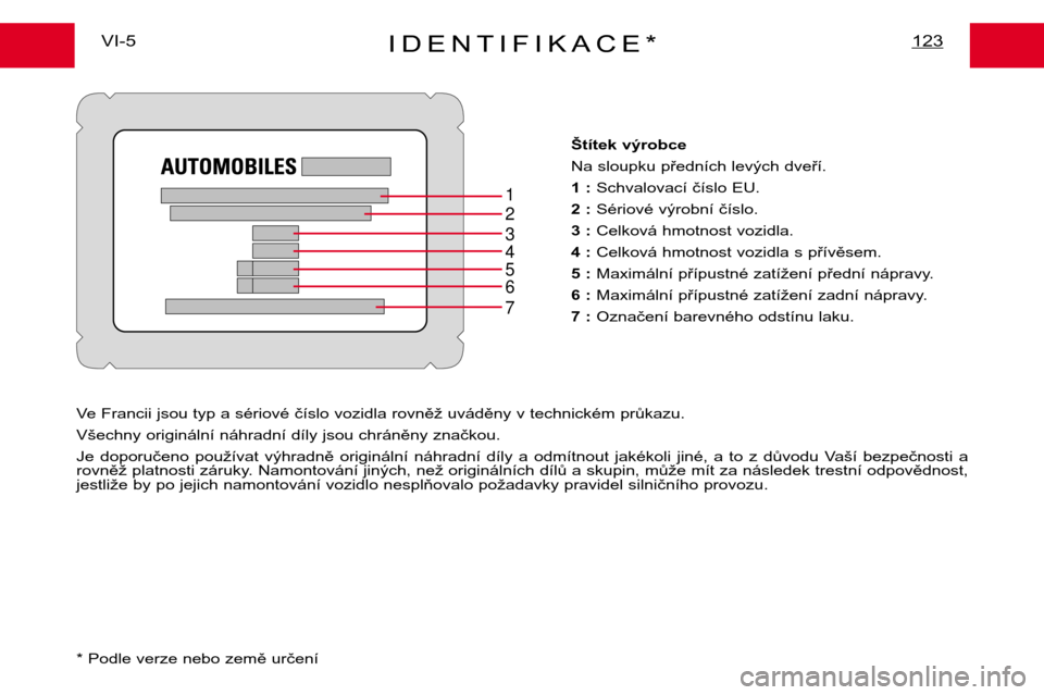 Peugeot Expert 2001.5  Návod k obsluze (in Czech) 1 2 3 456 7
IDENTIFIKACE*123VI-5Štítek výrobce 
Na sloupku předních levých dveří.
1 :Schvalovací číslo EU.
2 : Sériové výrobní číslo.
3 : Celková hmotnost vozidla.
4 : Celková hmotn