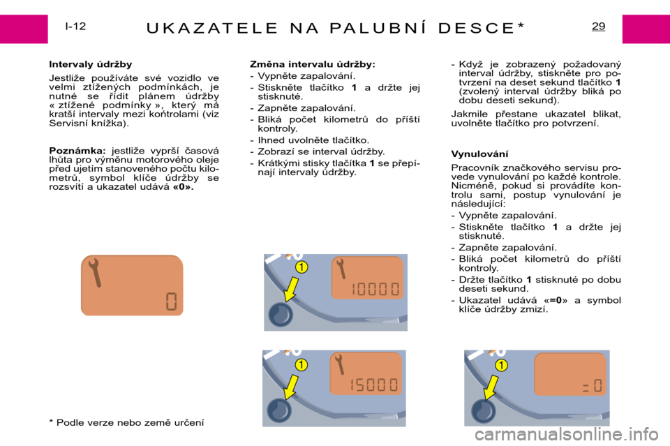 Peugeot Expert 2001.5  Návod k obsluze (in Czech) 1
11
UKAZATELE NA PALUBNÍ DESCE*29I-12
Intervaly údržby 
Jestliže  používáte  své  vozidlo  ve 
velmi  ztížených  podmínkách,  je
nutné  se  řídit  plánem  údržby 
« ztížené  po