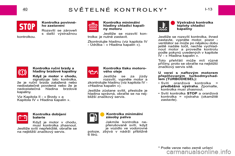 Peugeot Expert 2001.5  Návod k obsluze (in Czech) SVĚTELNÉ KONTROLKY*I-13
40
Kontrolka povinné- 
ho zastavení 
Rozsvítí  se  zároveň 
s  další  výstražnou
kontrolkou.
Kontrolka ruční brzdy a
hladiny brzdové kapaliny 
Když  je  motor  