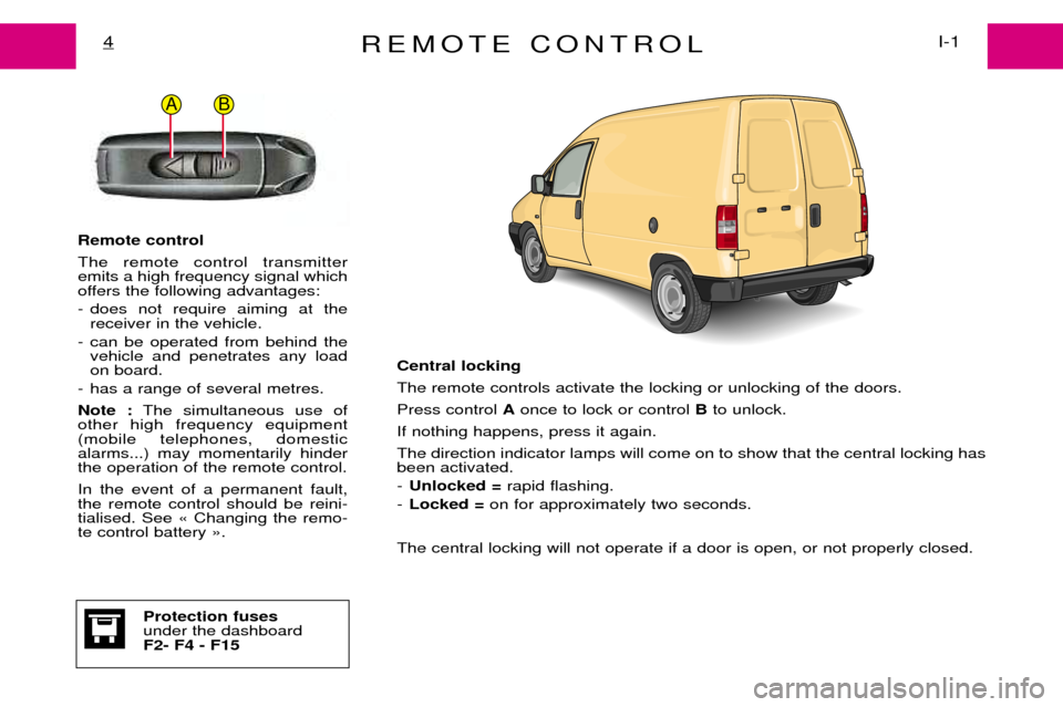 Peugeot Expert Dag 2001.5 Owners Manual REMOTE CONTROLI-1
4
Remote control The remote control transmitter emits a high frequency signal which
offers the following advantages:
- does not require aiming at the
receiver in the vehicle.
- can Peugeot Expert Dag 2001.5 Owners Manual REMOTE CONTROLI-1
4
Remote control The remote control transmitter emits a high frequency signal which
offers the following advantages:
- does not require aiming at the
receiver in the vehicle.
- can