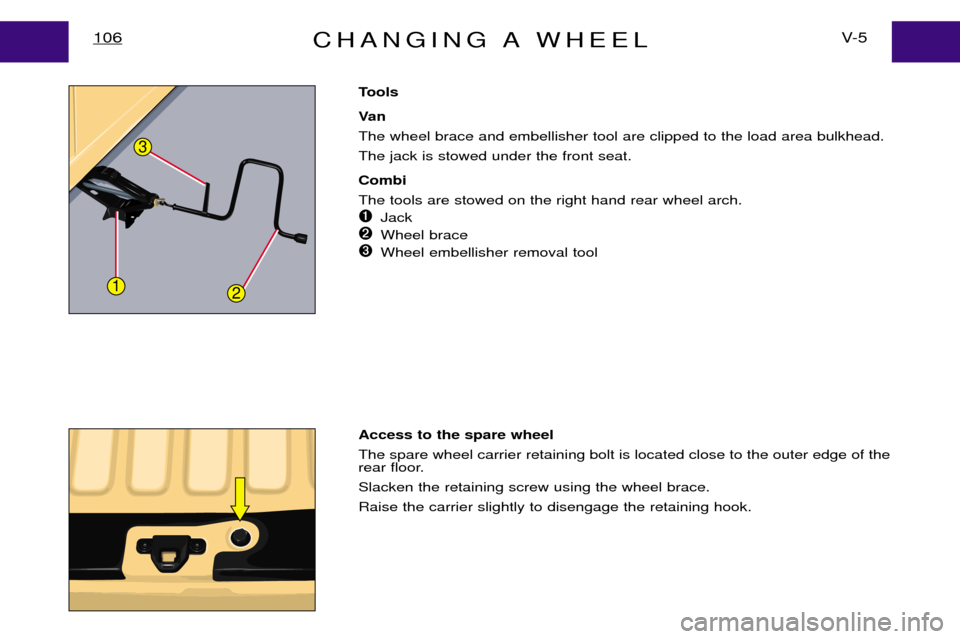 Peugeot Expert Dag 2001.5  Owners Manual CHANGING A WHEELV- 5
106
Tools 
Va n The wheel brace and embellisher tool are clipped to the load area bulkhead.The jack is stowed under the front seat. Combi The tools are stowed on the right hand re