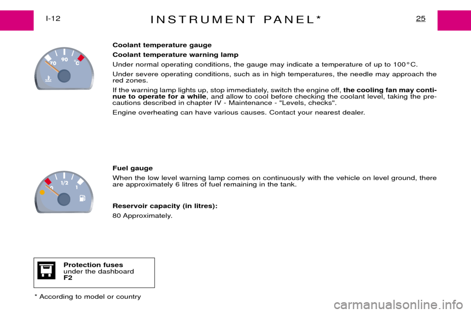 Peugeot Expert Dag 2001.5  Owners Manual INSTRUMENT PANEL*25I-12
Coolant temperature gauge Coolant temperature warning lampUnder normal operating conditions, the gauge may indicate a temperature of up to 100¡C.Under severe operating conditi