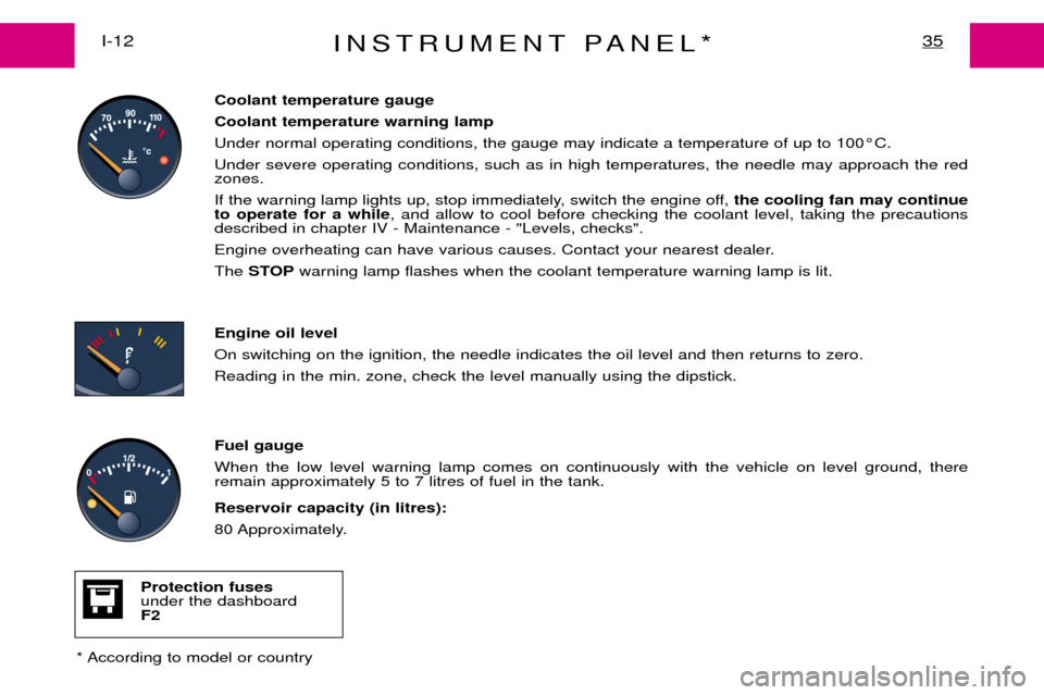 Peugeot Expert Dag 2001.5  Owners Manual INSTRUMENT PANEL*35I-12
Coolant temperature gauge Coolant temperature warning lampUnder normal operating conditions, the gauge may indicate a temperature of up to 100¡C.Under severe operating conditi