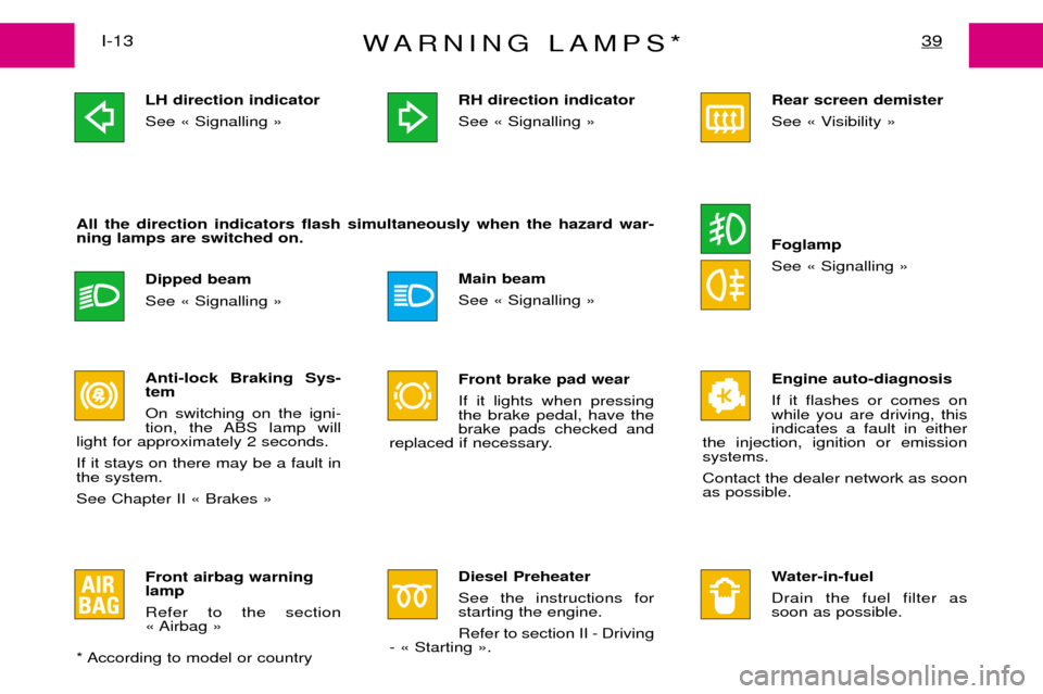 Peugeot Expert Dag 2001.5 Service Manual WARNING LAMPS*39I-13LH direction indicator See Ç Signalling È Dipped beam See Ç Signalling È
All the direction indicators flash simultaneously when the hazard war- ning lamps are switched on.
Anti