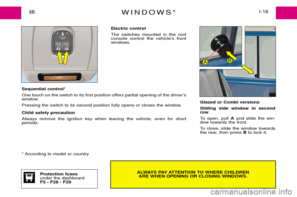 Peugeot Expert Dag 2001.5 Service Manual WINDOWS*I-16
46
ALWAYS PAY ATTENTION TO WHERE CHILDREN
ARE WHEN OPENING OR CLOSING WINDOWS.
Sequential control* 
One touch on the switch to its first position offers partial opening of the driverÕs 
