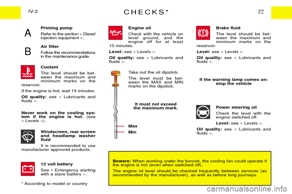 Peugeot Expert Dag 2001.5 Workshop Manual CHECKS*77IV-2Beware:When working under the bonnet, the cooling fan could operate if
the engine is hot (even when switched off). The engine oil level should be checked frequently between services (as r