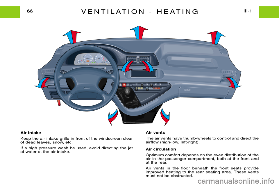 Peugeot Expert Dag 2001.5  Owners Manual VENTILATION - HEATINGIII-1
66
Air intake Keep the air intake grille in front of the windscreen clear 
of dead leaves, snow, etc. If a high pressure wash be used, avoid directing the jet of water at th