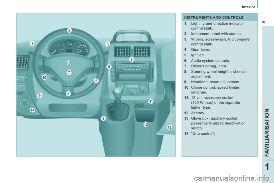 Peugeot Expert Tepee 2014  Owners Manual  9
   Interior   
FAMILIARISATION
1
   INSTRUMENTS  AND  CONTROLS 
   1.   Lighting and direction indicator control stalk. 
  2.   Instrument panel with screen. 
  3.   Wipers, screenwash, trip comput