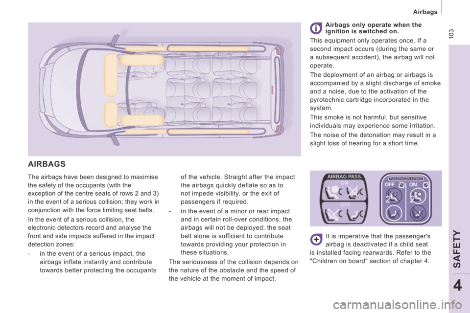 Peugeot Expert Tepee 2014  Owners Manual  103
   Airbags   
SAFETY
4
 The airbags have been designed to maximise 
the safety of the occupants (with the 
exception of the centre seats of rows 2 and 3) 
in the event of a serious collision; the