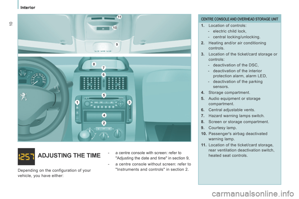 Peugeot Expert Tepee 2014 User Guide    Interior   
10
  CENTRE CONSOLE AND OVERHEAD STORAGE UNIT 
   1.   Location of controls:    -   electric  child  lock, 
  -   central  locking/unlocking.  
  2.   Heating and/or air conditioning  c